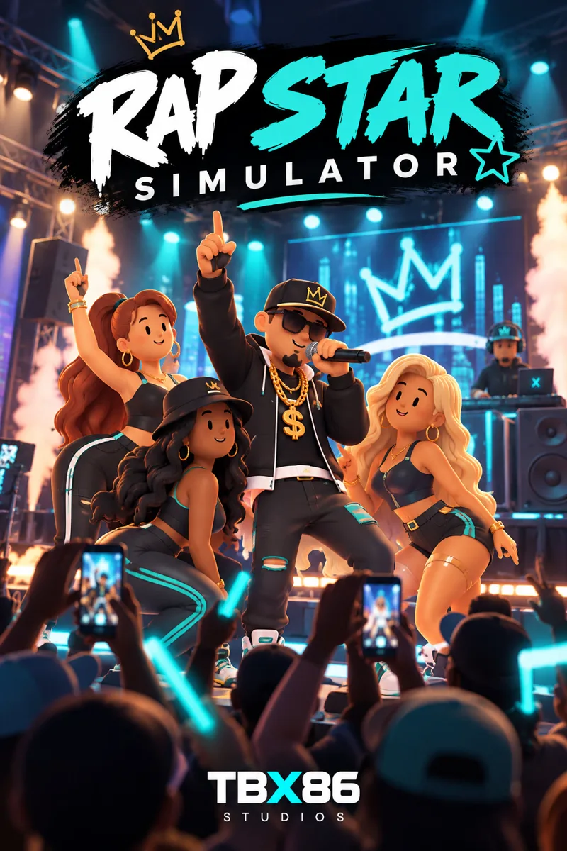 Rap Star Simulator illustrated game cover with a rapper and performers on a concert stage